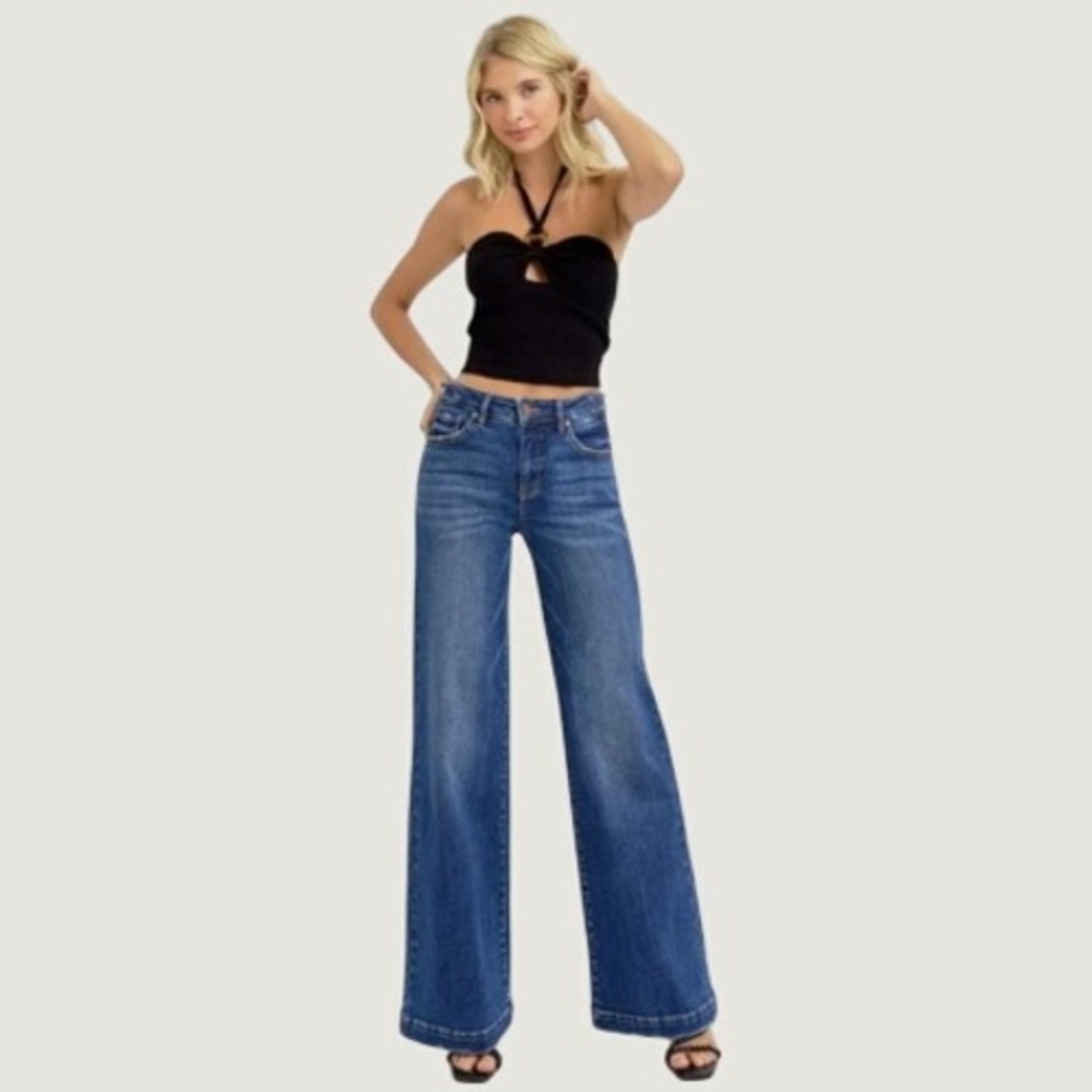 Risen Tummy Control Jeans Womens 5/27 Dark Wash Wide Leg Adjustable Waist Boho
